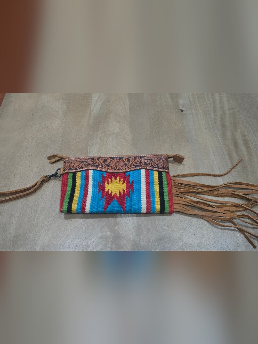 American Darling Southwestern Hand Tooled Leather Saddle Blanket Fringe Wristle